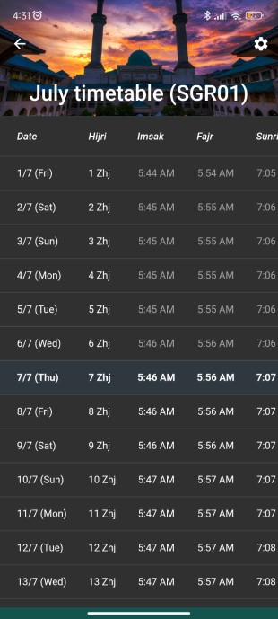 Full prayer timetable screenshot